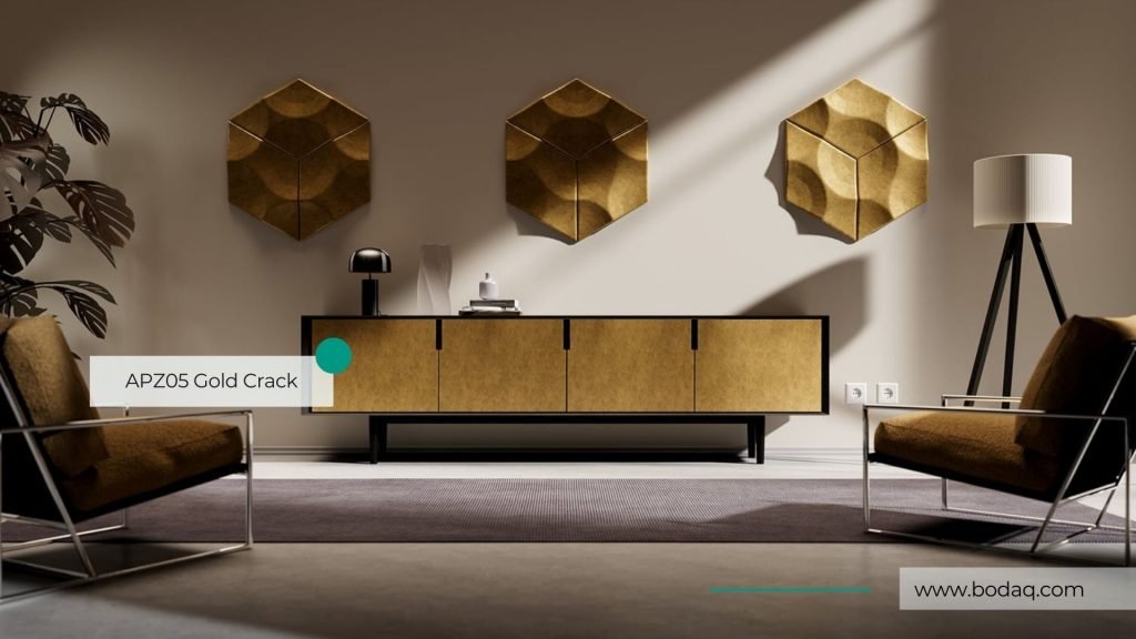 APZ05 Gold Crack Bodaq Interior Film - Natural Surface Collection 12 APZ05 Gold Crack wrap on the cabinet doors