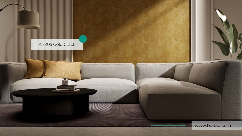 APZ05 Gold Crack Bodaq Interior Film - Natural Surface Collection 11 APZ05 Gold Crack interior film applied to the feature wall in the living room