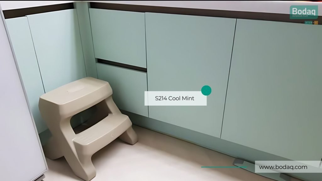 S214 Cool Mint Green Interior Film - Solid Color Collection 6 Kitchen cabinets wrapped with S214