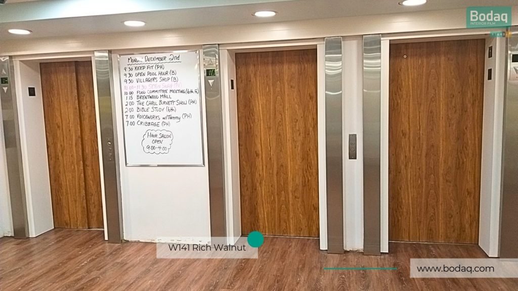 W141 Rich Walnut Medium Wood Interior Film - Standard Wood Collection 9 Elevators Doors Wrapped with W141 Rich Walnut