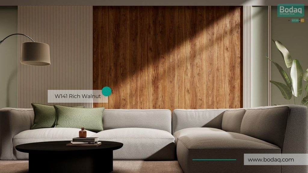 W141 Rich Walnut Medium Wood Interior Film - Standard Wood Collection 8 Living Room Feature Wall Refinished with W141 Rich Walnut