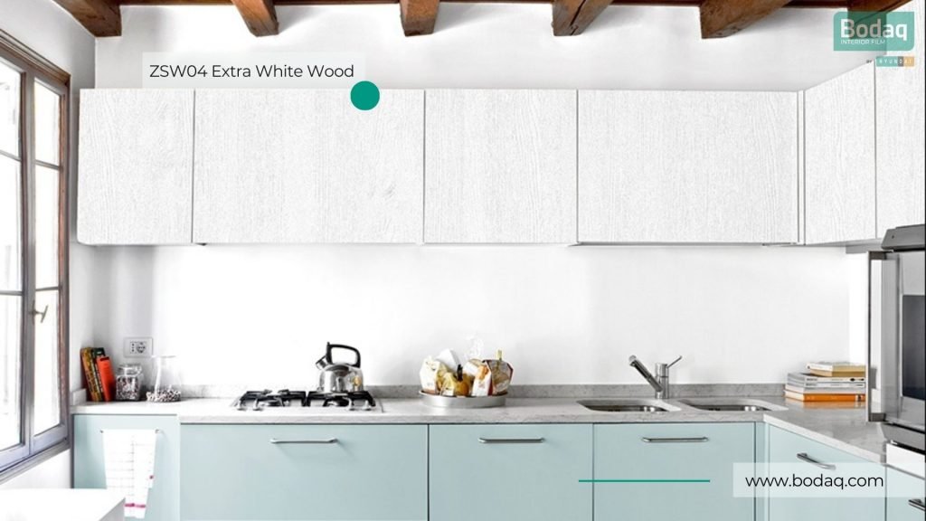 ZSW04 Extra White Wood - Painted Wood Collection 9 Kitchen Cabinets Wrapped with ZSW04 Extra White Wood