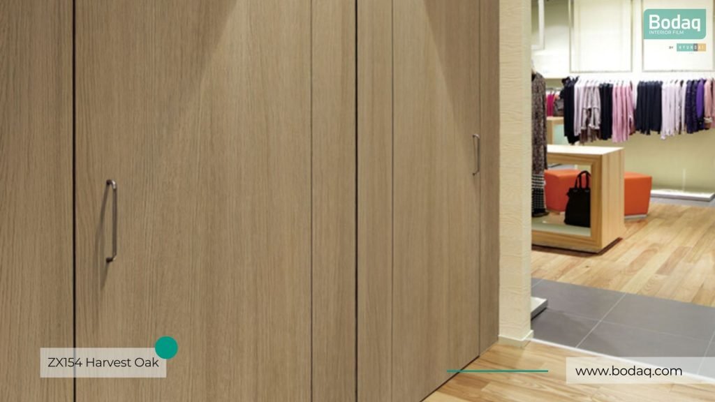 ZX154 Harvest Oak Film - Wood Collection 8 Fitting Room Doors and Partitions Refinished with ZX154 Harvest Oak