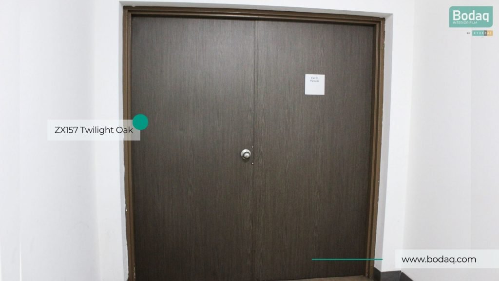 ZX157 Twilight Oak Interior Film - Wood Collection 11 Fire Door Wrapped with ZX157 Twilight Oak