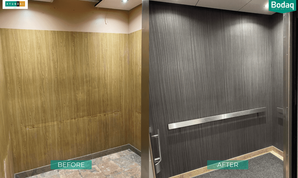 Before and After elevator refinishing with Bodaq