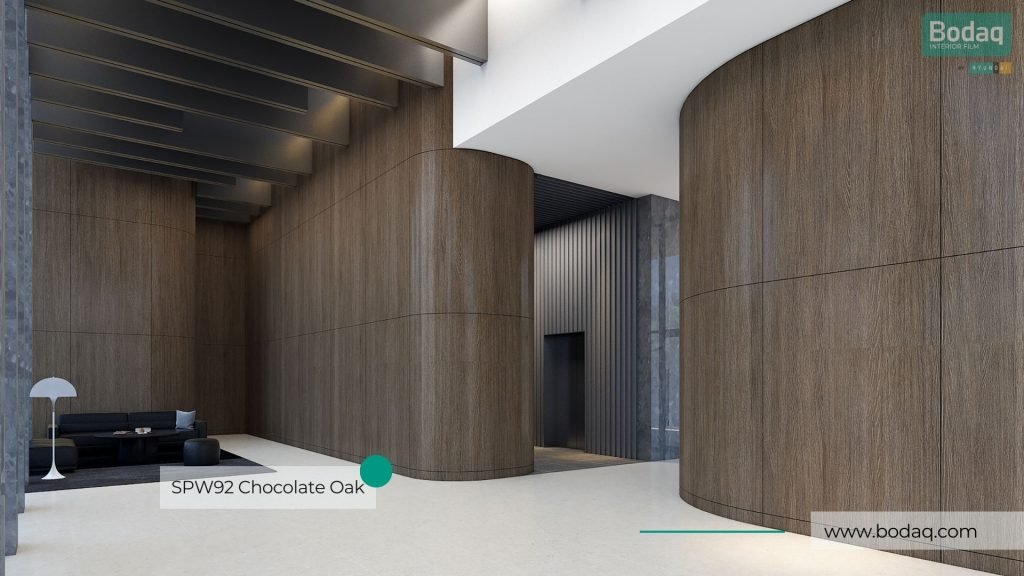 SPW92 Chocolate Oak Interior Film - Origin Wood Collection 8 Wall Panels in the Lobby Refinished with SPW90 Chocolate Oak