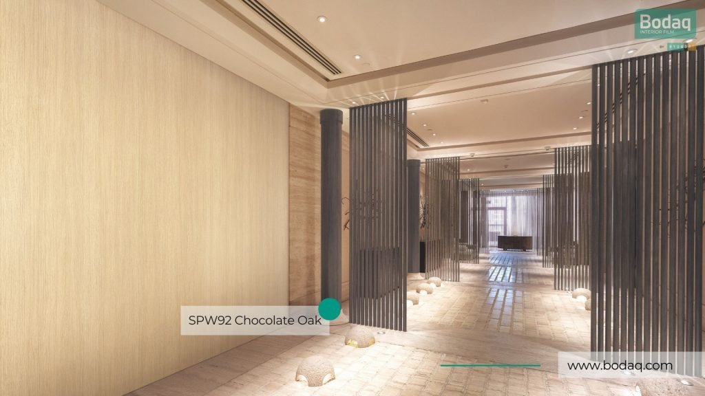 SPW92 Chocolate Oak Interior Film - Origin Wood Collection 9 A Column and Partition Wall Slats Resurfaced with SPW92 Chocolate Oak