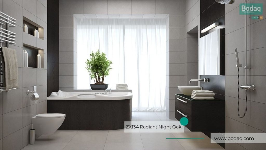 ZX134 Radiant Night Oak Film - Wood Collection 9 Bathroom Vanity and Bathtub Cover Wrapped with ZX134 Radiant Night Oak