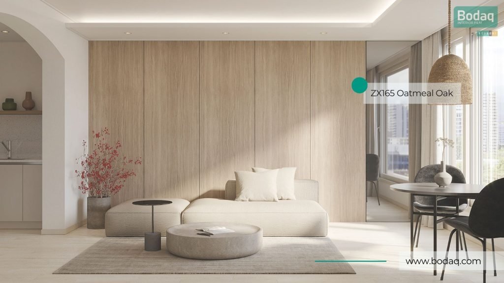 ZX165 Oatmeal Oak Film - Wood Collection 7 Living Room Wall Panels Wrapped with ZX165 Oatmeal Oak