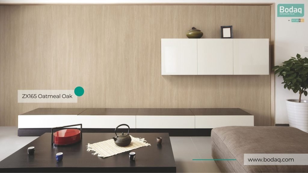 ZX165 Oatmeal Oak Film - Wood Collection 6 Living Room Wall Refinished with ZX165 Oatmeal Oak