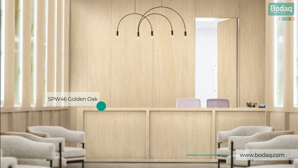 SPW46 Golden Oak Interior Film - Origin Wood Collection 8 Reception Area Resurfaced with SPW46 Golden Oak