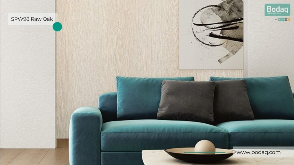 SPW98 Raw Oak Interior Film - Origin Wood Collection 8 SPW98 Raw Oak Applied to a Feature Wall in the Living Area