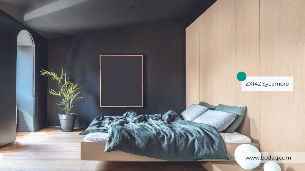 Wall paneling design ideas: Architectural film ZX142 Sycamore pattern applied to the wall paneling in the bedroom