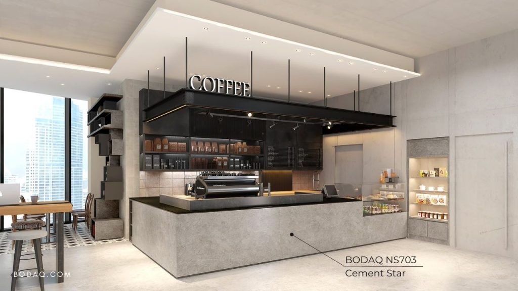 NS703 Cement Star interior film used to wrap coffee shop stand in the hotel