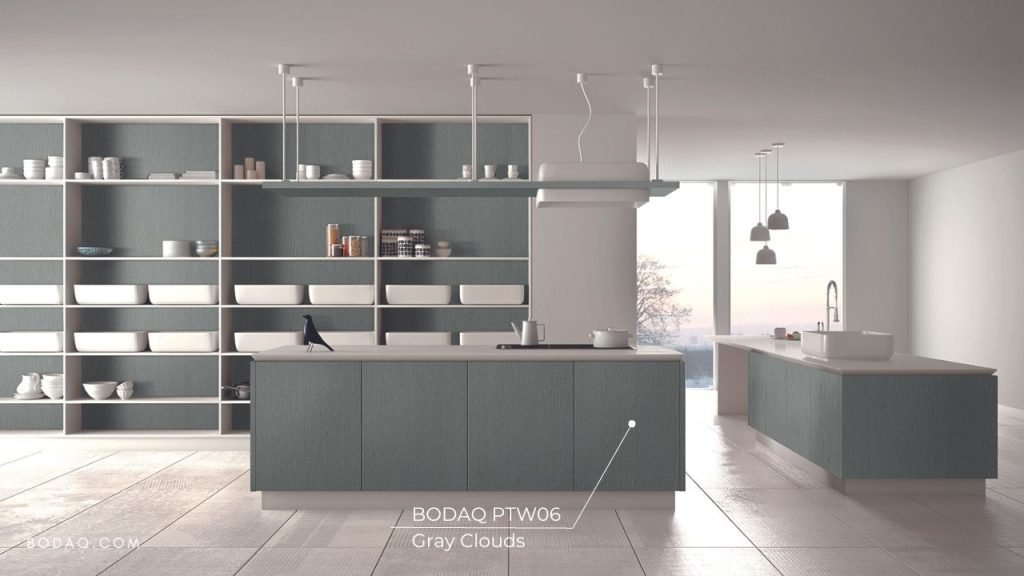 PTW07 Gray Clouds painted wood on the kitchen island