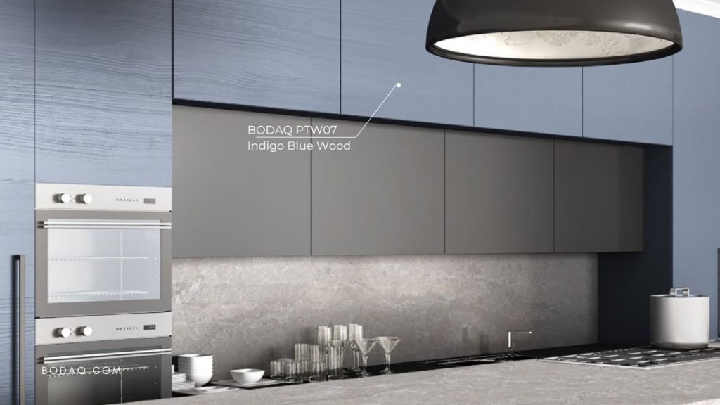 PTW07 Indigo Blue Wood on the kitchen cabinets