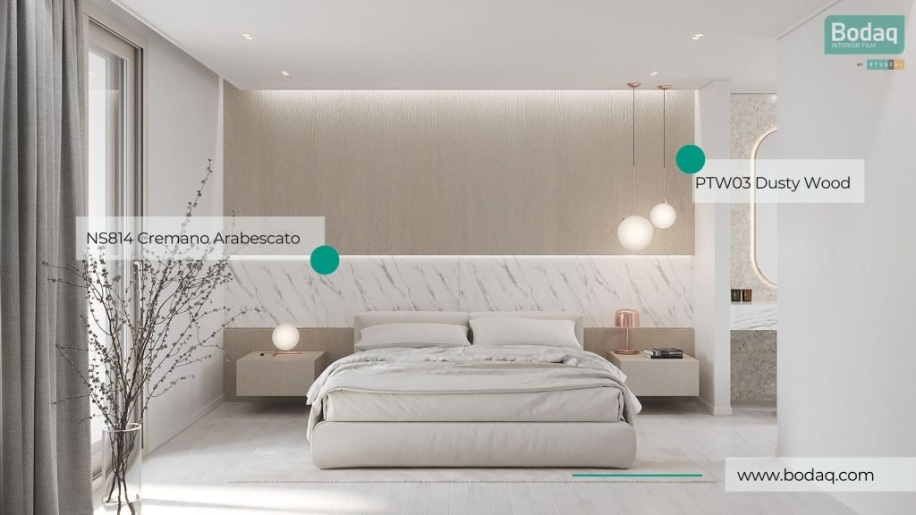 Bedroom wall panel wrapped with NS814