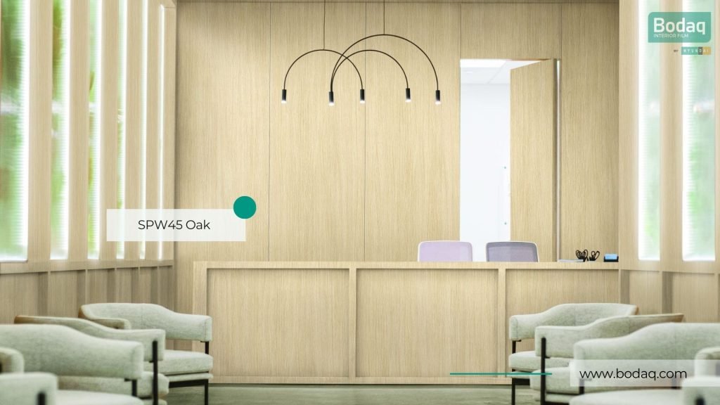 SPW45 Oak Interior Film - Origin Wood Collection 9 Entire reception area wrapped with SPW45