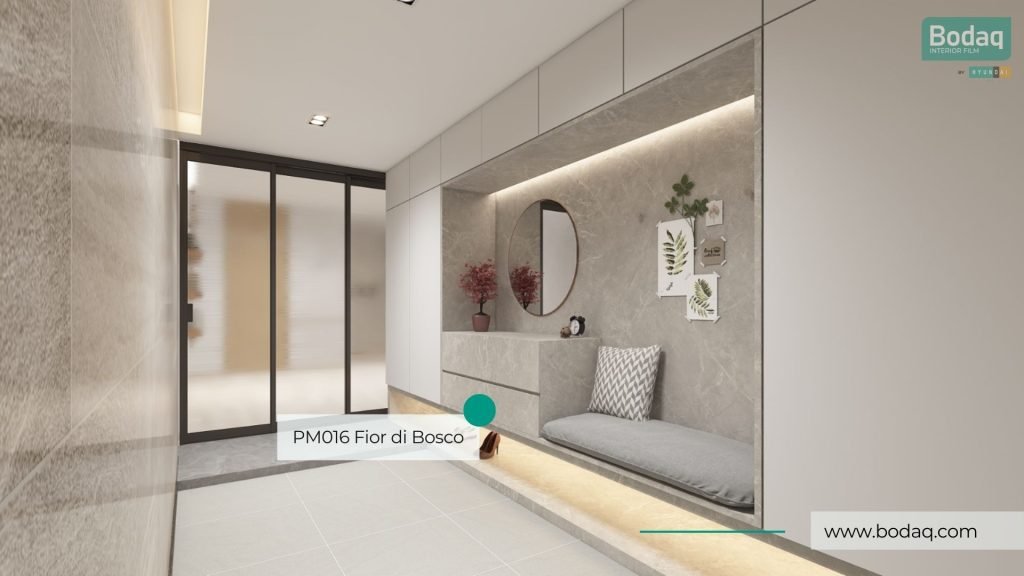 PM016 Fior di Bosco Interior Film - Stone & Marble Collection 8 PM016 Fior di Bosco: Entryway Wall and Furniture