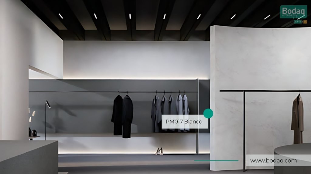 PM017 Bianco Interior Film - Stone & Marble Collection 10 PM017 Bianco on the Divider Wall at a Clothing Store