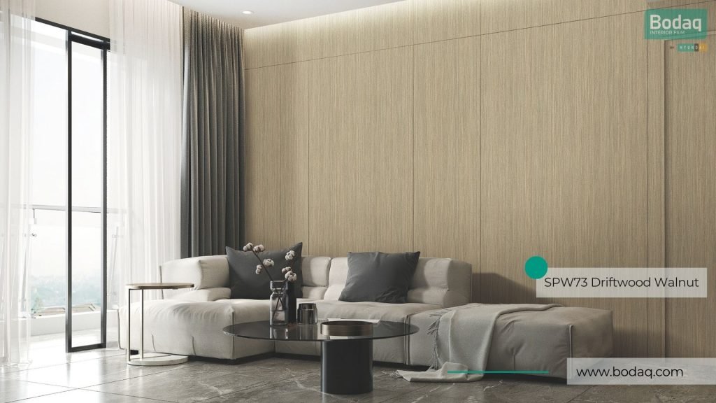 Living Room Wall Refinished with SPW73 Driftwood Walnut