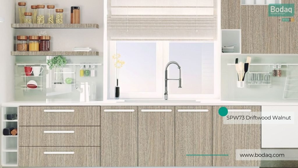 SPW73 Driftwood Walnut Applied to the Kitchen Cabinets