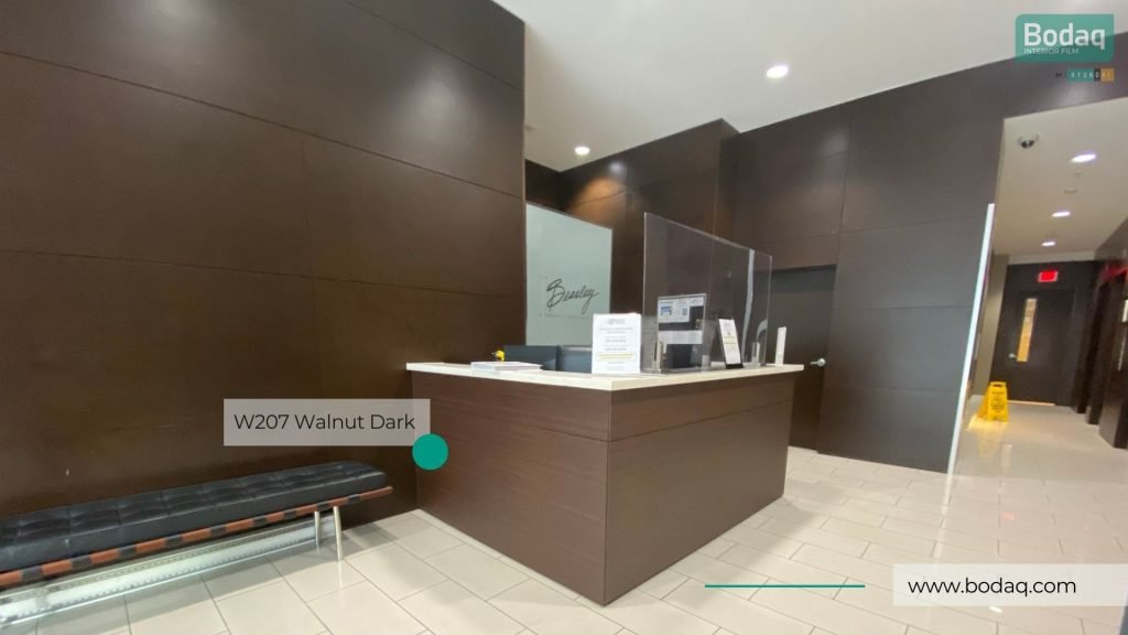 W207 Walnut Dark Wood Interior Film - Standard Wood Collection 8 Residential Building Lobby Reception Desk and Wall Panels Refinished with W207 Walnut Dark